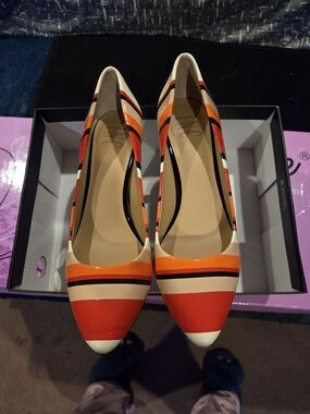 INC International Concepts Striped Pointed-Toe Pumps in Red, Orange and Cream